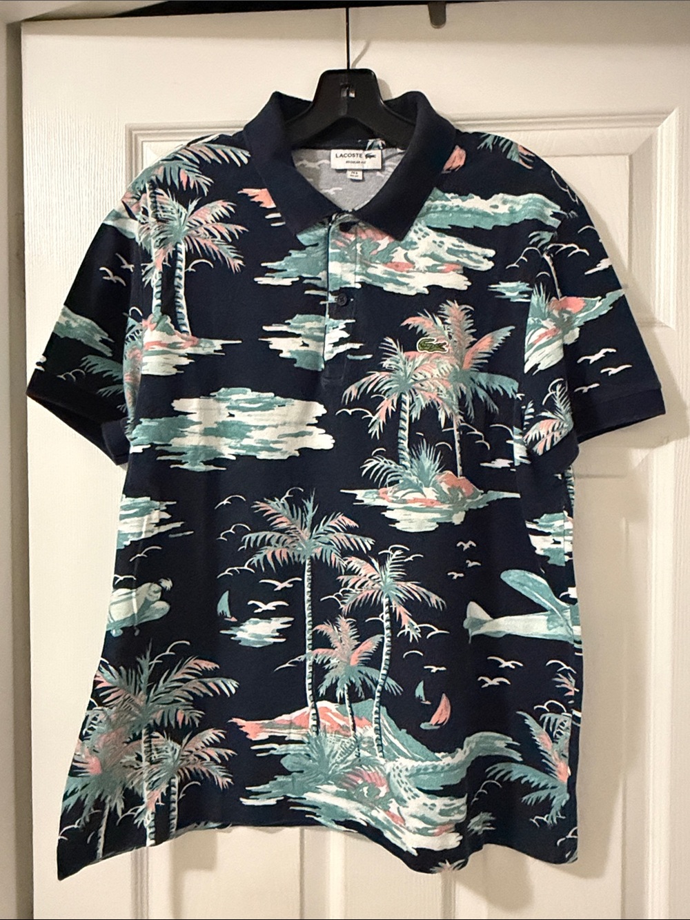 Lacoste Navy Polo with Teal and Coral Tropical Print